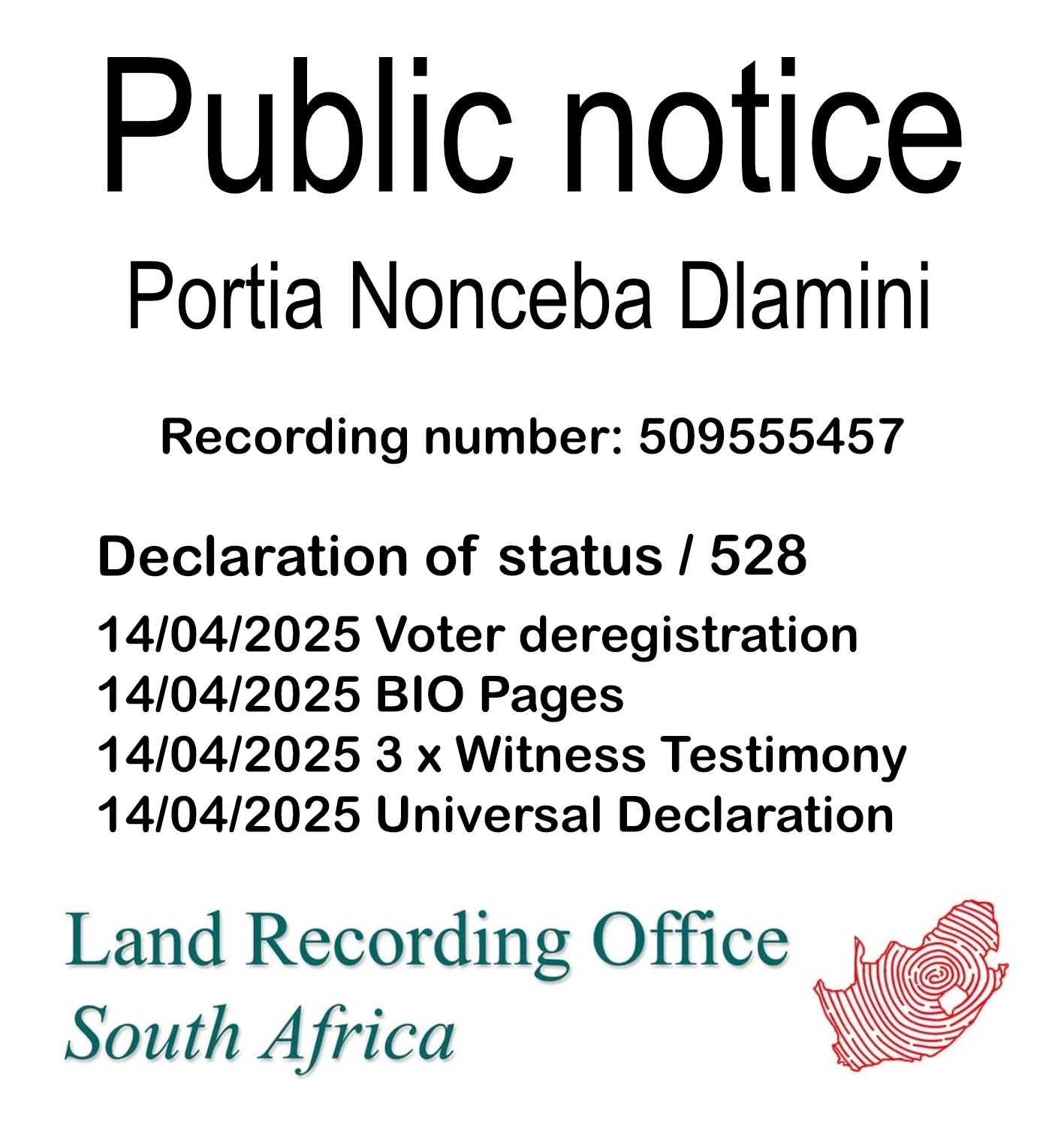 Public Notice Portia Nonceba Dlamini (c) Recording number 509555457